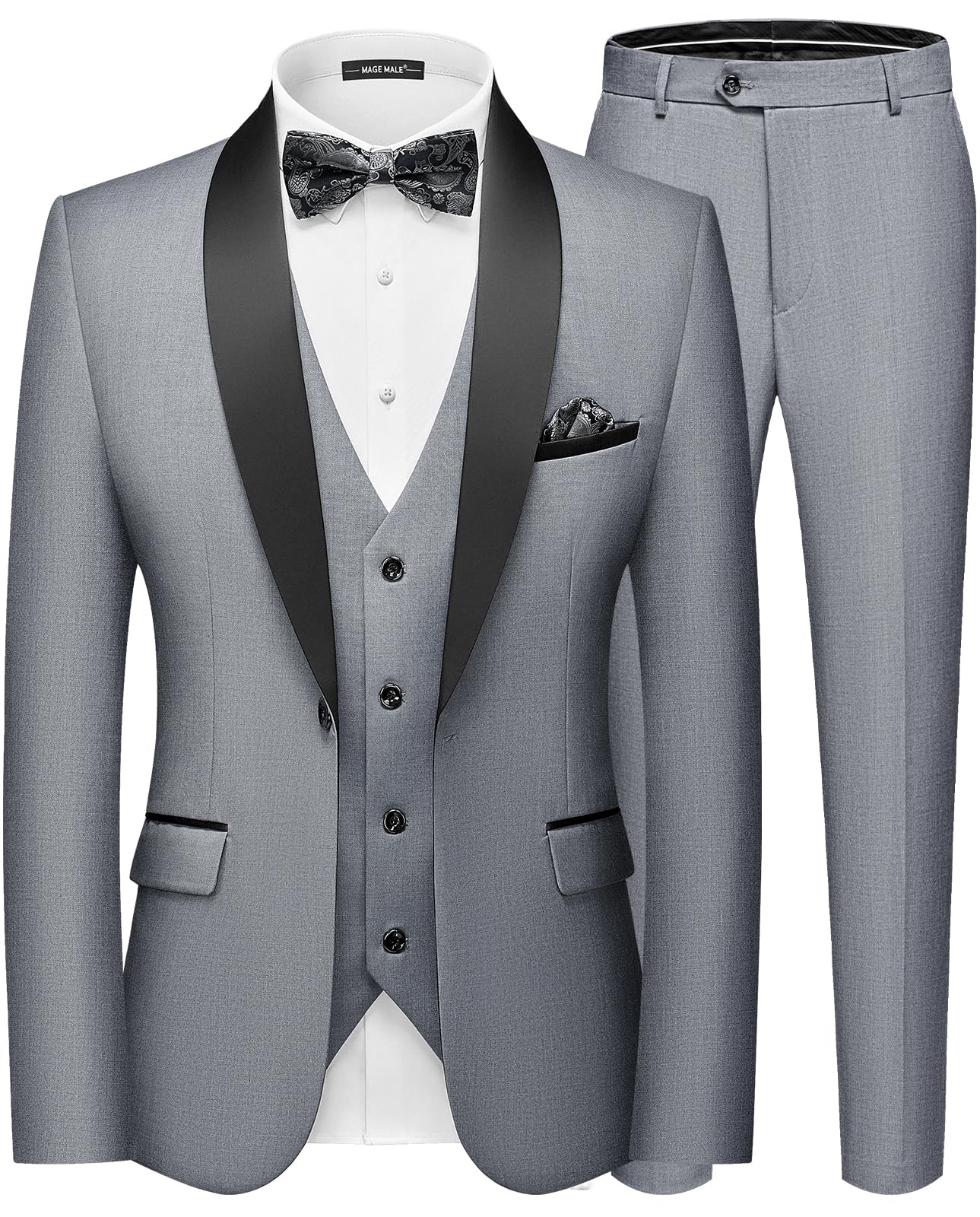 MAGE MALE Men's Slim Fit 3 Piece Suit One Button Solid Shawl Lapel Blazer Jacket Vest Pants Set with Tie Pocket Square-20