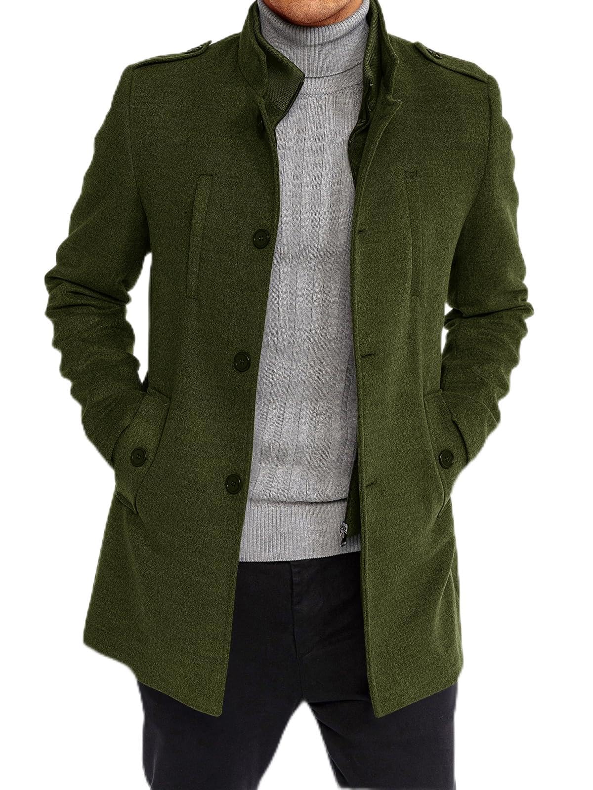 Karlywindow Mens Trench Coat Long Sleeve Stand Collar Single Breasted Pea Coat Casual Mid Long Slim Fit Overcoat with Pockets-8