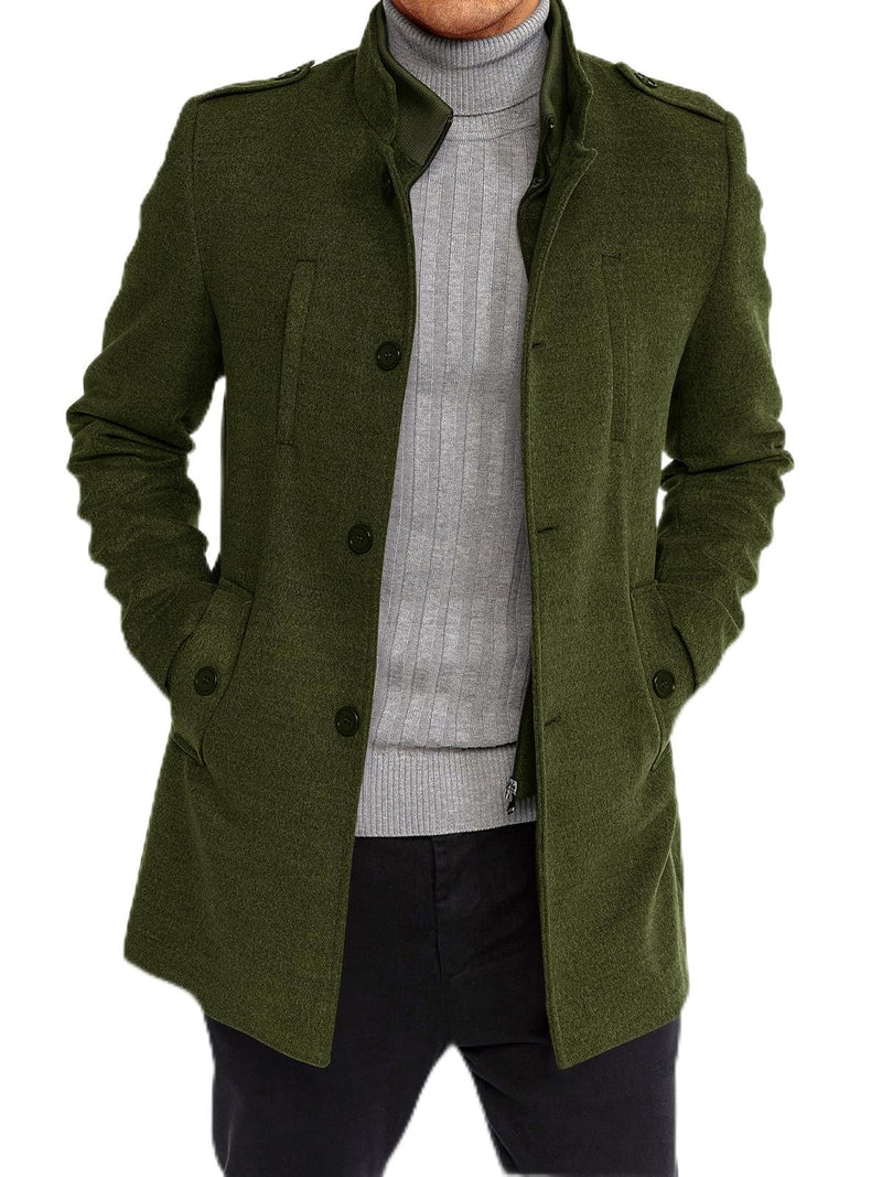 Karlywindow Mens Trench Coat Long Sleeve Stand Collar Single Breasted Pea Coat Casual Mid Long Slim Fit Overcoat with Pockets-8