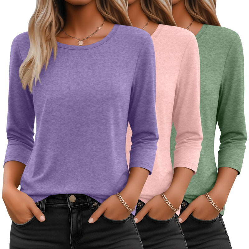 Ficerd 3 Pack 3/4 Sleeve Tops for Women Round Neck Dressy Basics Tees Casual Trendy Loose Fit T Shirts-93