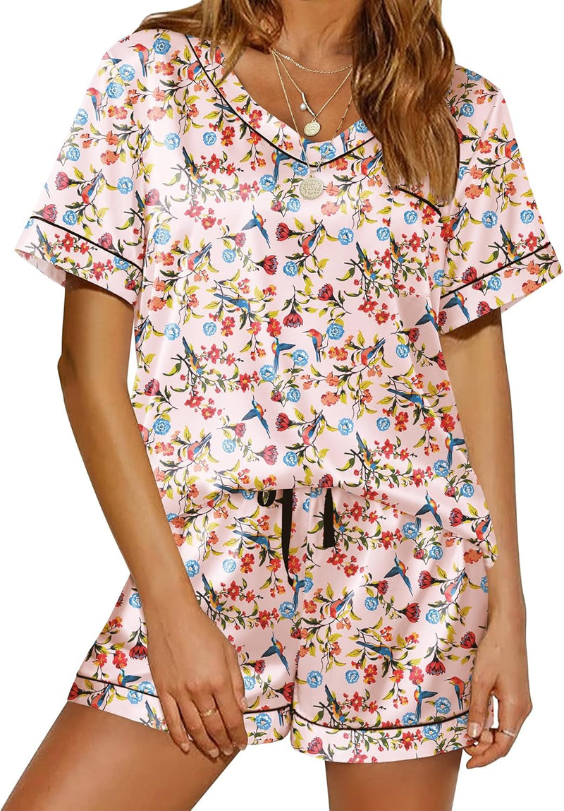 Ekouaer Silk Pajama for Women Short Sleeve Satin Pj Set Two Piece Soft Sleepwear Loungewear, S-XXL-82