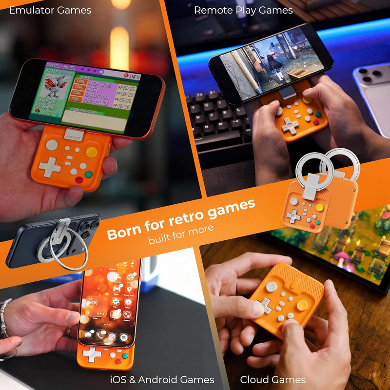 abxylute M4 Snap-On Mobile Gaming Controller for Android & iPhone, Lightweight Portable Phone Controller, Pocket-Sized Retro Emulator Gamepad Kickstand,Dual Joystick Turbo for Pro Gaming,Magnet Orange