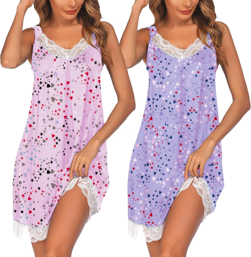 Ekouaer Womens Nightgown 2 Pack Nightgown V Neck Lace Sleepwear Sleeveless Chemise Women's nightgowns & sleepshirts S-XXL-93