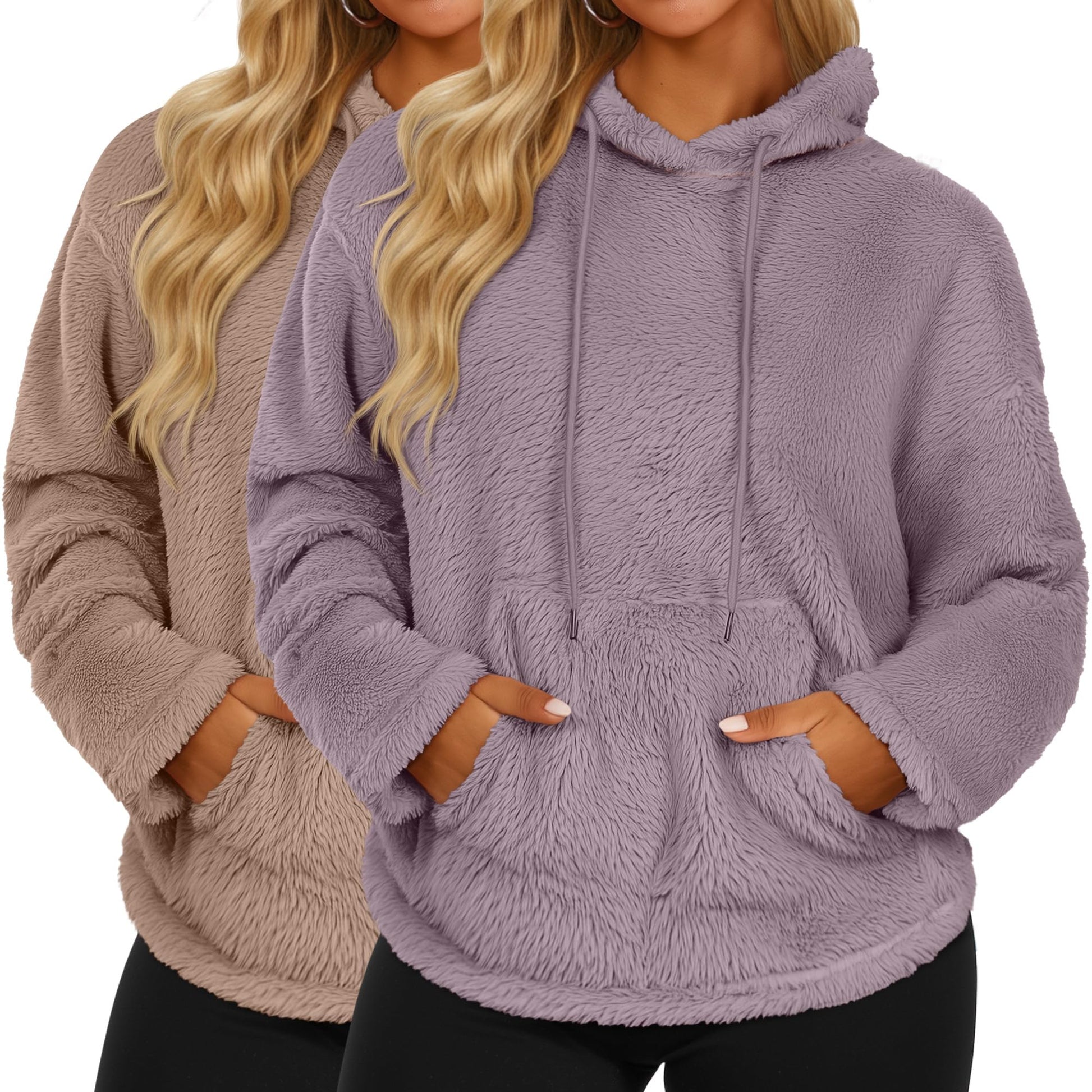 2 Pack Women's Double Fuzzy Fleece Hoodies, Kangaroo Pocket Pullover Winter Drawstring Oversized Loose Sweatshirts-10