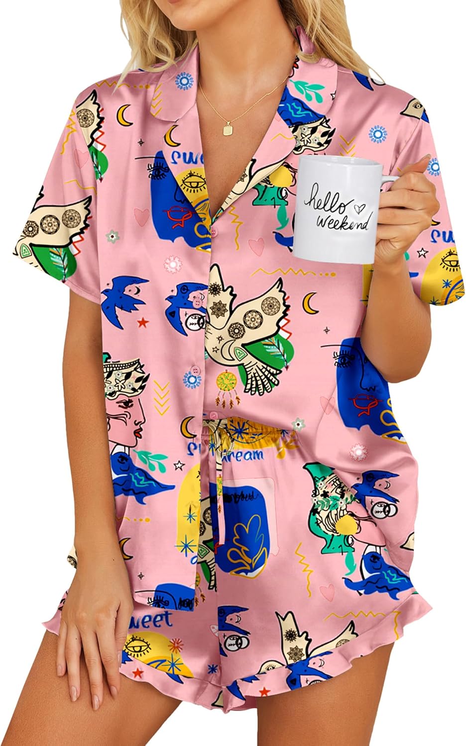 Ekouaer Womens Satin Pajamas Set Button Down 2 Piece Silk Pjs Shorts Set Ruffle Lingerie Notch Collar Sleepwear-67