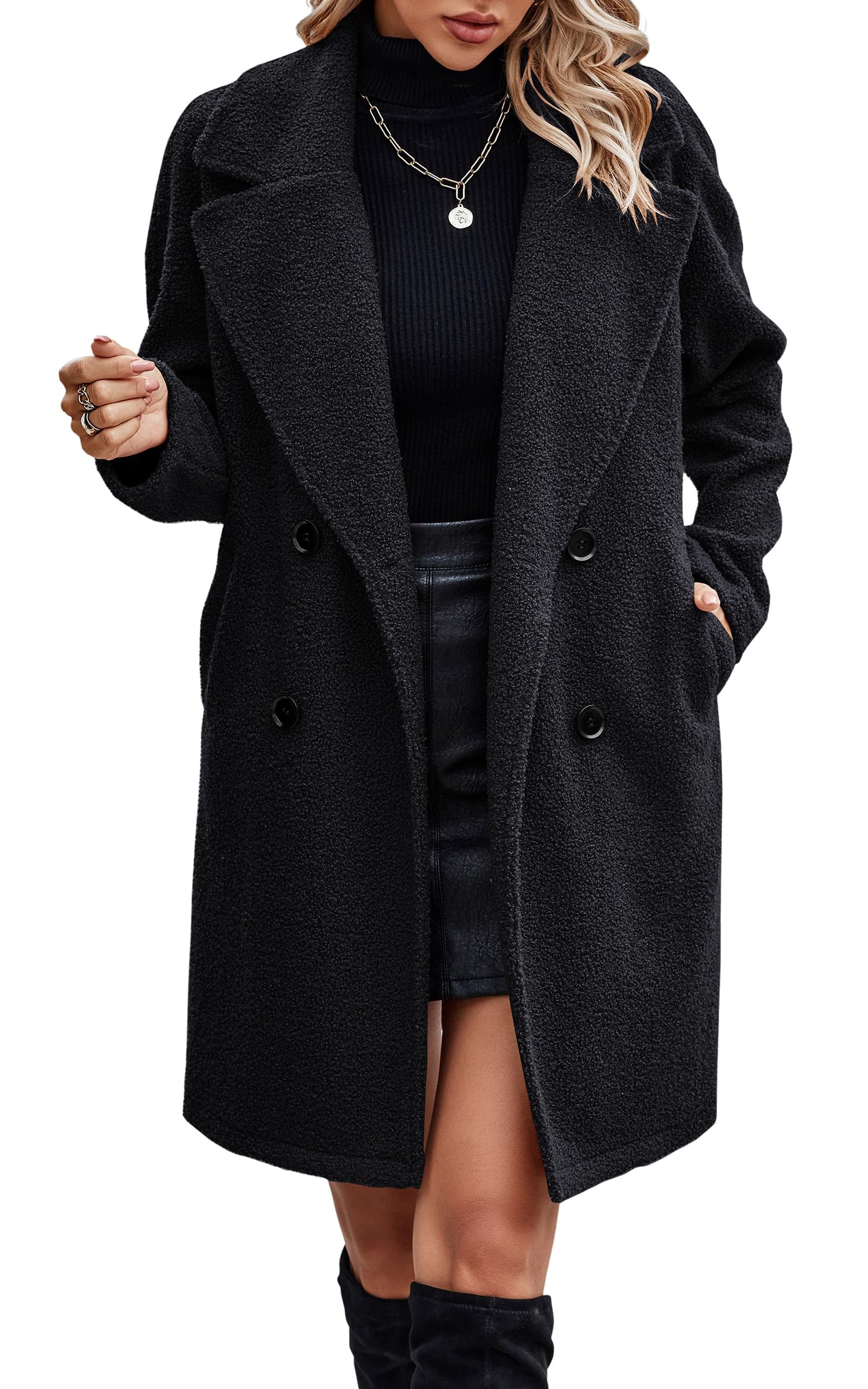 Angashion Women Long Sherpa Coat - Fuzzy Faux Fur Trench Jackets Winter Fleece Button Cardigan with Pockets