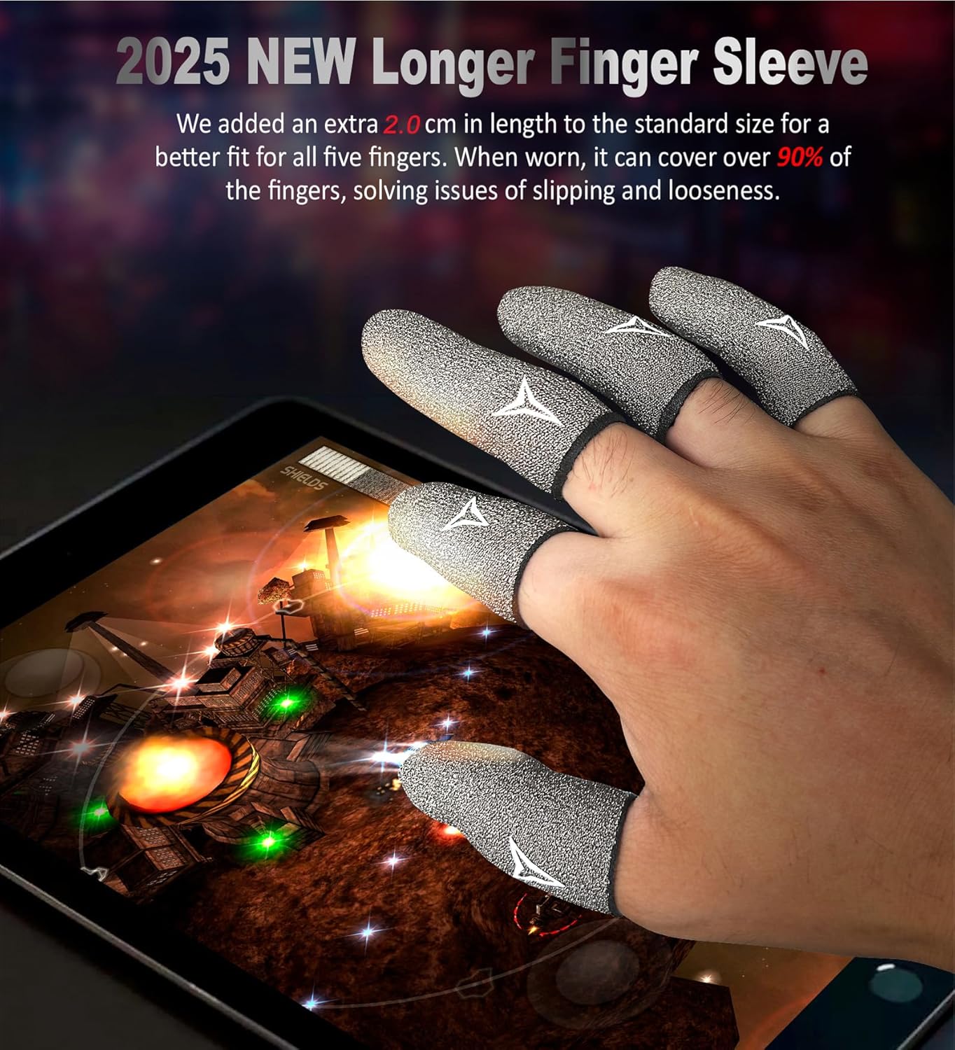 2025 Upgrade: Longer Size for 5 Fingers, Professional Pure Silver Fiber Finger Sleeves for Mobile Gaming–No More Slipping, Maximum Touch Sensitivity, Anti-Sweat,6 Pack (M)