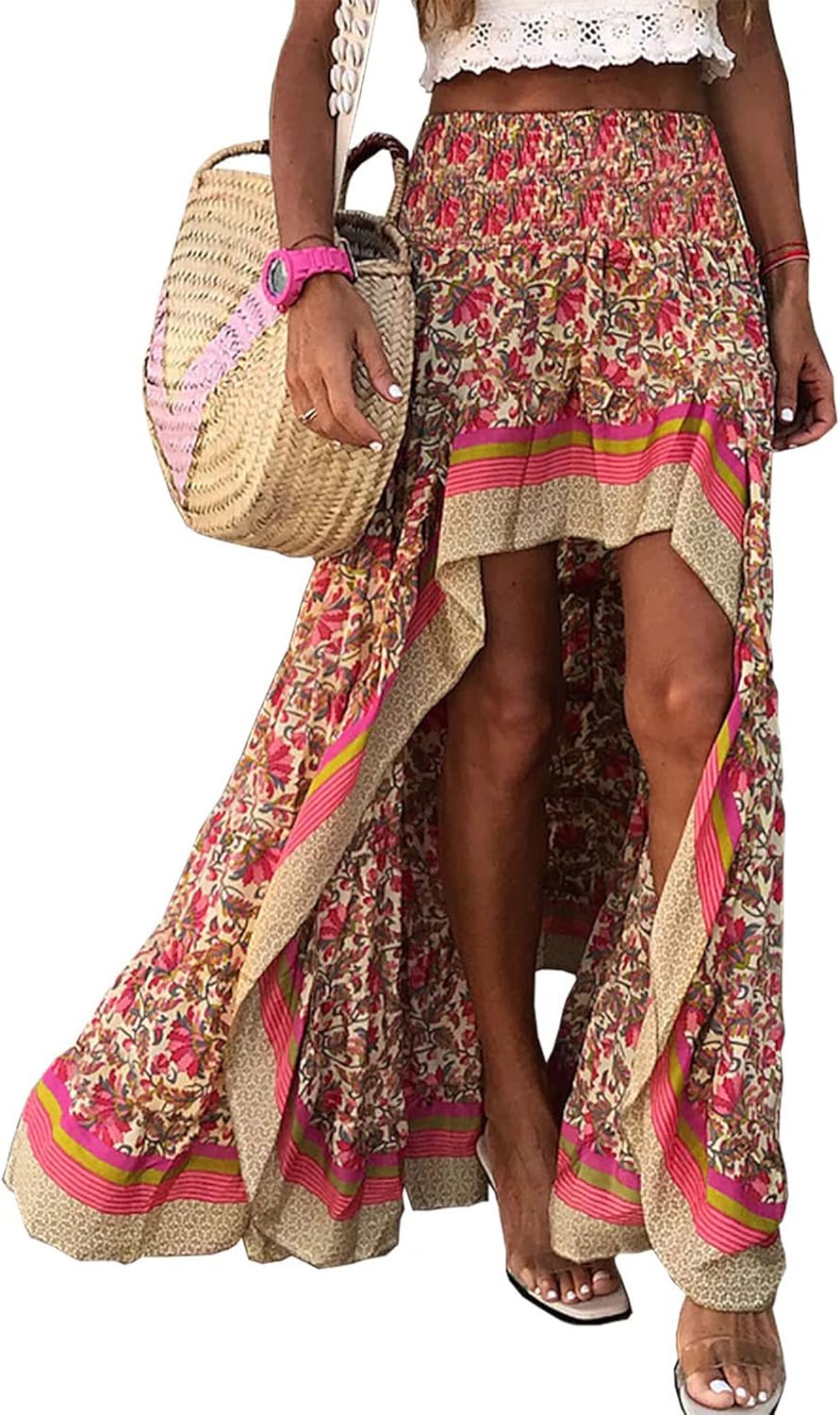 BTFBM Women 2026 Spring Summer Long Skirts Dress Boho Floral Elastic Waist Split Ruffle High Low Beach Maxi Skirt Clothes