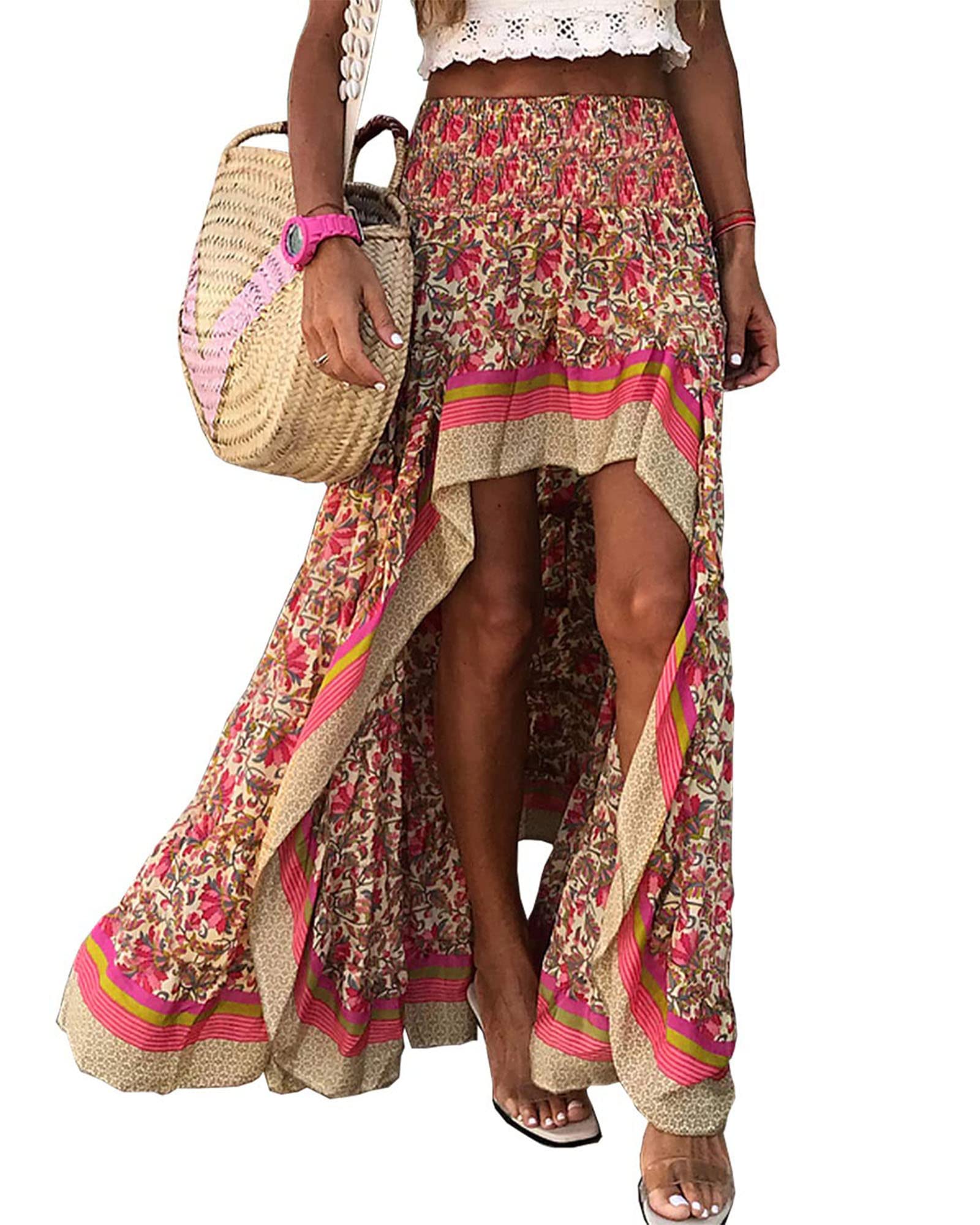 BTFBM Women 2026 Spring Summer Long Skirts Dress Boho Floral Elastic Waist Split Ruffle High Low Beach Maxi Skirt Clothes