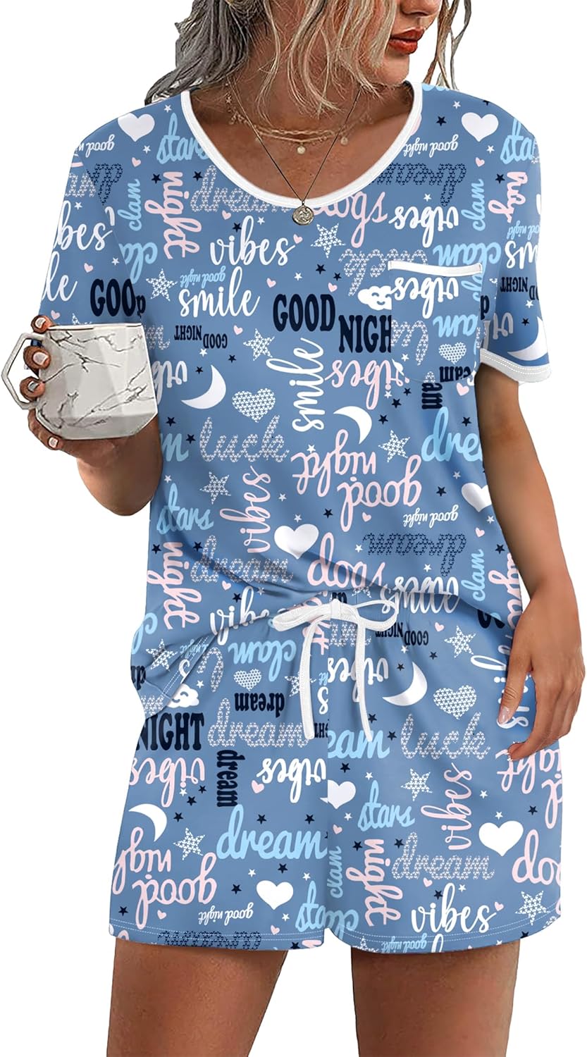 Ekouaer Pajama Set for Women 2 Piece Lounge Set Short Sleeve Tops and Shorts Soft Sleepwear, Chest Pocket-30