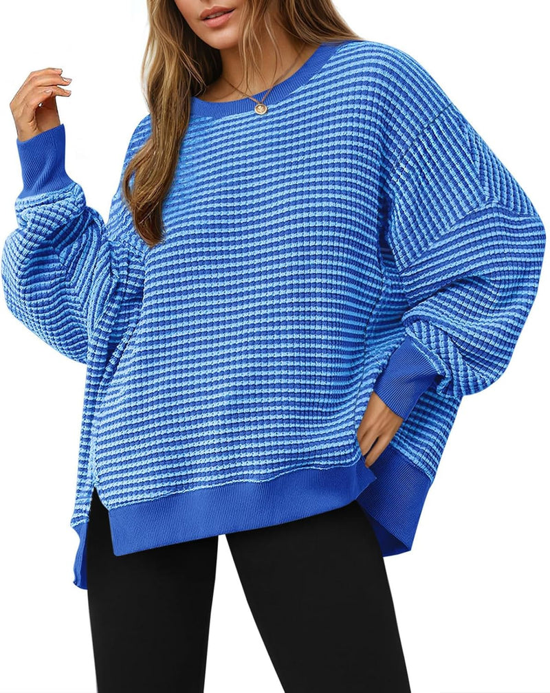 Fisoew Women's Fall Oversized Sweatshirt Casual Waffle Knit Long Sleeve Crewneck Split Pullover Tunic Tops-18