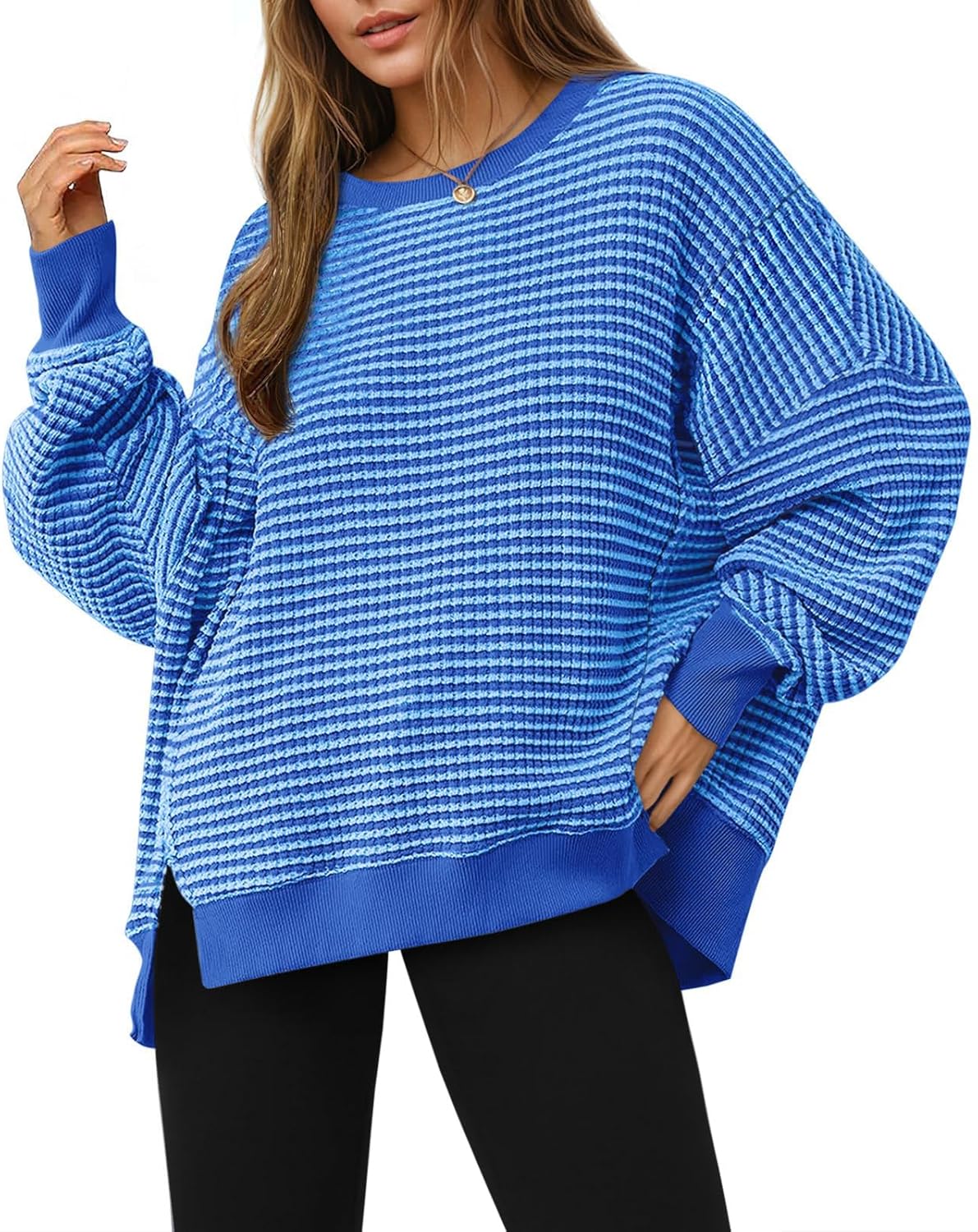 Fisoew Women's Fall Oversized Sweatshirt Casual Waffle Knit Long Sleeve Crewneck Split Pullover Tunic Tops-34