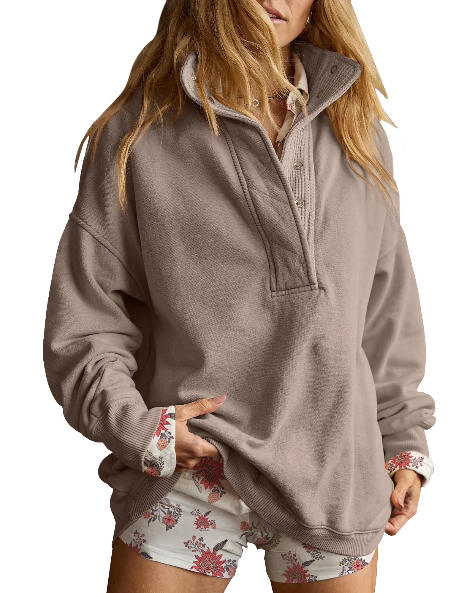 Gacaky Sweatshirt for Women Oversized Casual Long Sleeve Button Henley Neck Pullover Tops Fashion Outfits Clothes-91