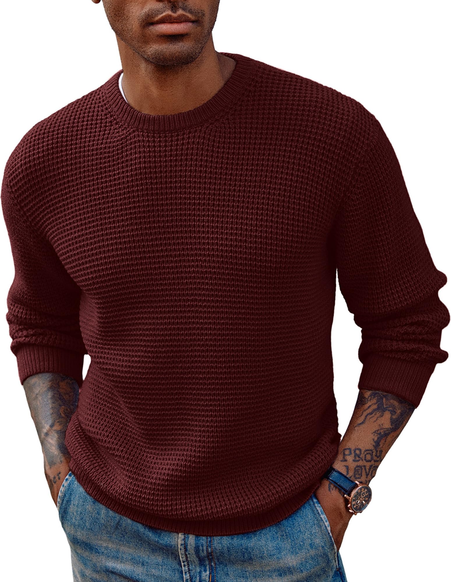 PJ PAUL JONES Mens Pullover Sweater Waffle Textured Long Sleeve Knitted Sweaters-99