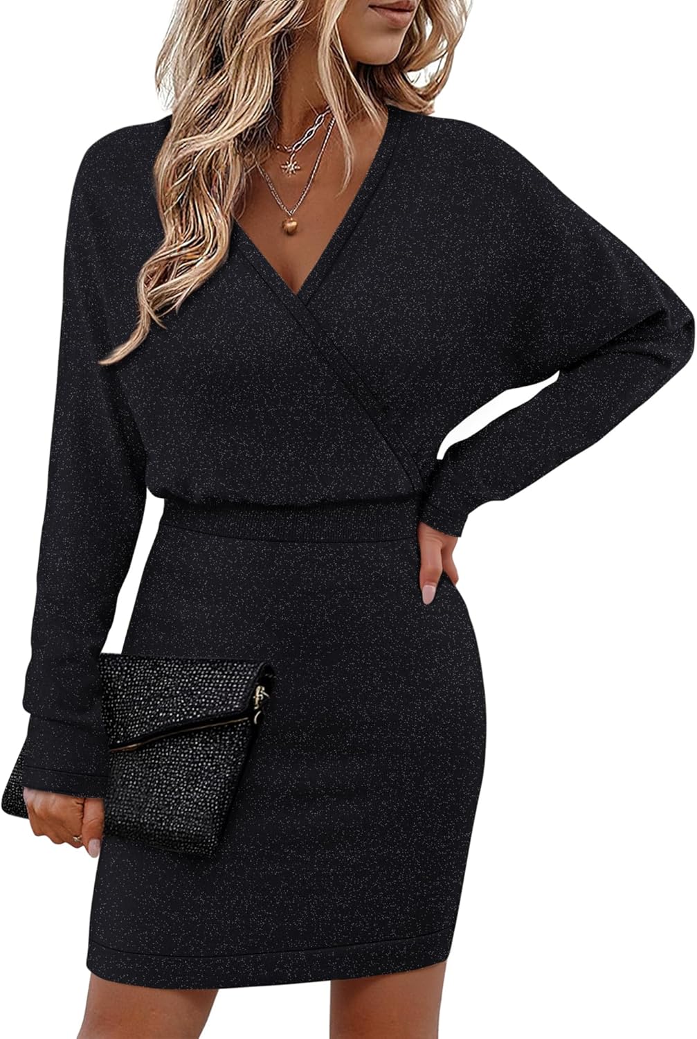 Bebonnie Womens Sexy V Neck Batwing Sleeve Sparkly Cocktail Party Sweater Dresses Holiday Bodycon Midi Dress-25