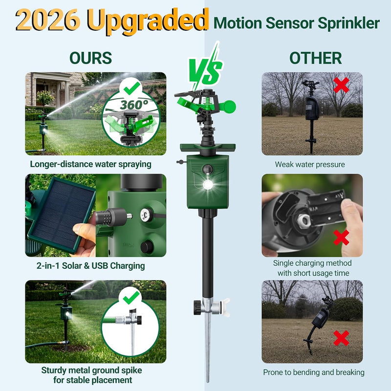 2 Packs Motion Activated Animal Repeller with Water Sprinkler, Deer Repellent Devices Solar Powered, IP65 Waterproof Deer Repellent with Flashing Light, Deter Cats Dogs Skunks Raccoons from Garden
