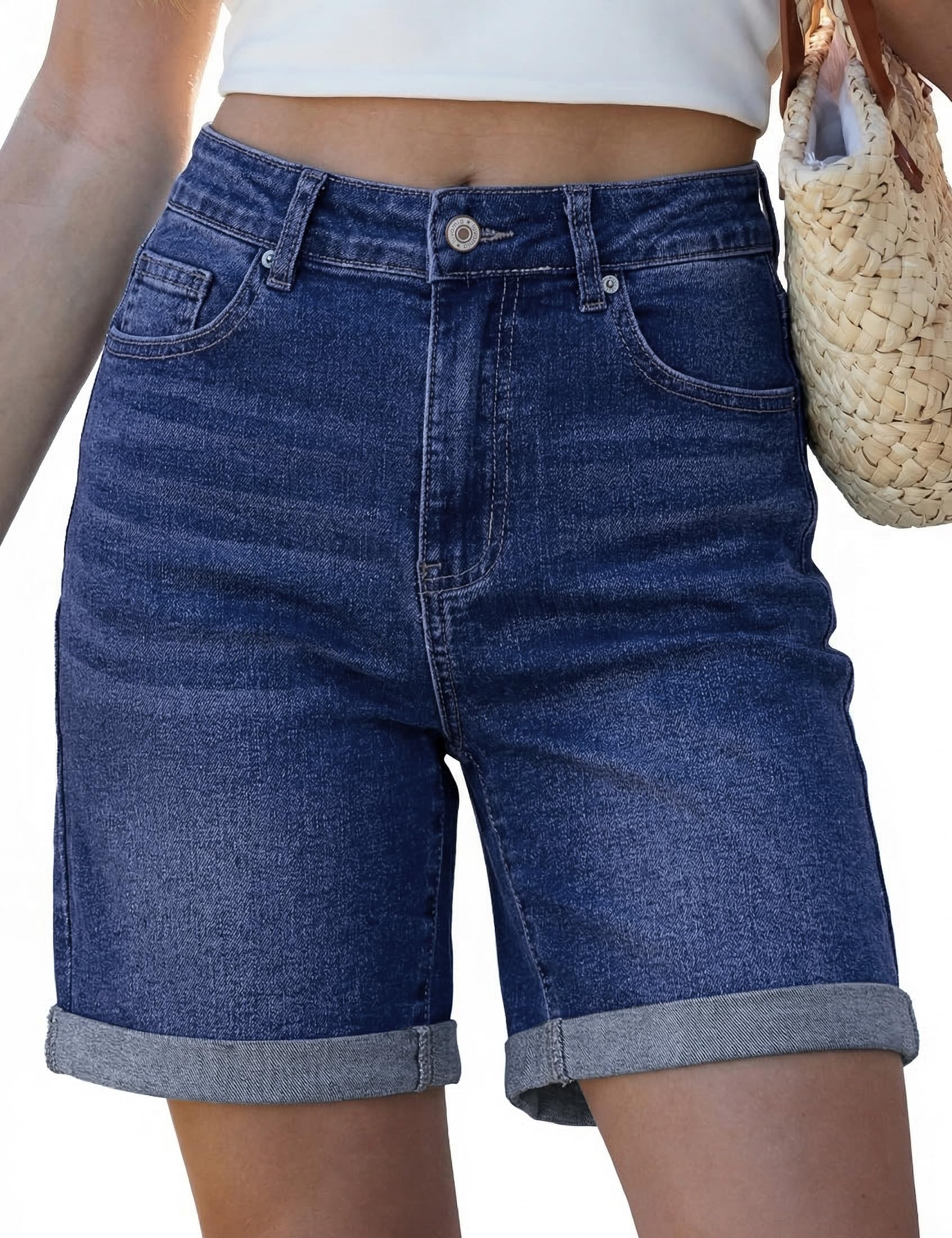 luvamia Jean Shorts for Women High Waisted Trendy Causal Summer Fold Hem Stretchy Long Denim Shorts 7 Inch Inseam
