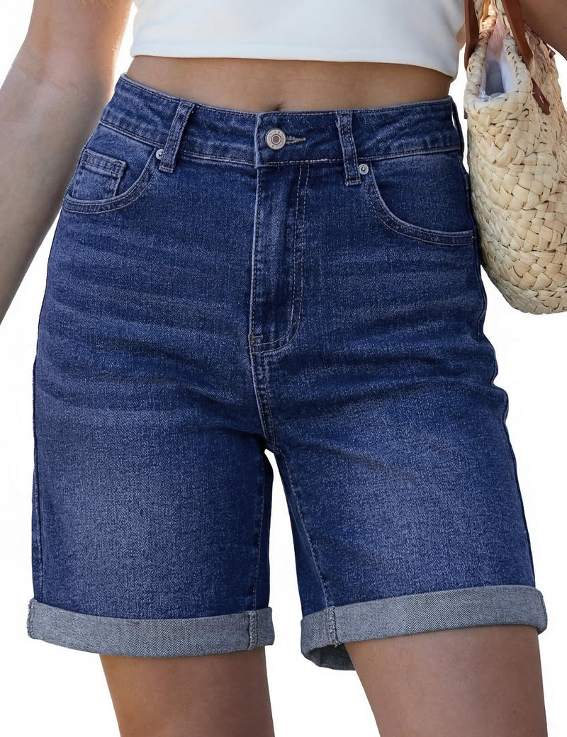 luvamia Jean Shorts for Women High Waisted Trendy Causal Summer Fold Hem Stretchy Long Denim Shorts 7 Inch Inseam
