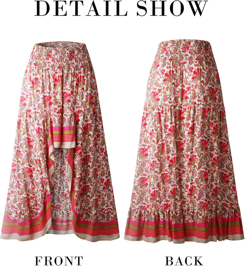 BTFBM Women 2026 Spring Summer Long Skirts Dress Boho Floral Elastic Waist Split Ruffle High Low Beach Maxi Skirt Clothes