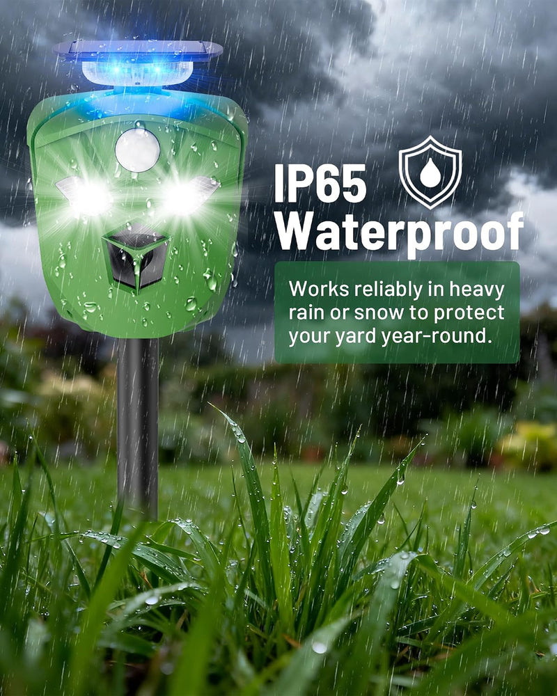 360° Solar Animal Repellent for Yard & Garden – No Blind Spot Motion Sensor to Keep Deer, Raccoons & Cats Away, Waterproof Ultrasonic & Flashing Light Outdoor Deer Repellent Device