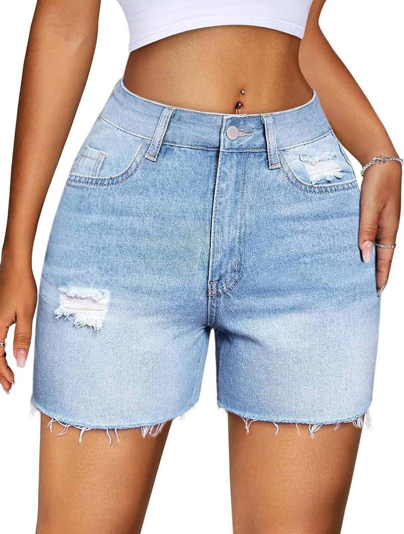 IWD Jean Shorts for Women High Waisted Stretchy Casual Denim Shorts Ripped Frayed Hem Summer Trendy Jorts