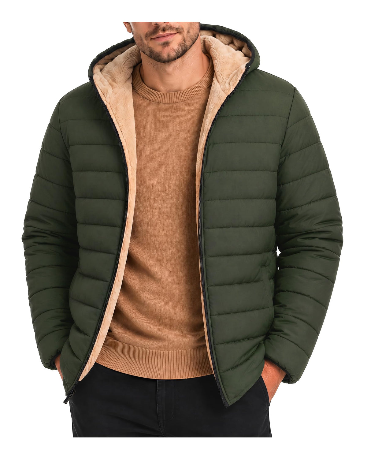 Yufawow Men Puffer Jacket Insulated Warm Coat Sherpa Fleece Lined Lightweight for Cold Weather Outdoor Work Winter Casual Clothes