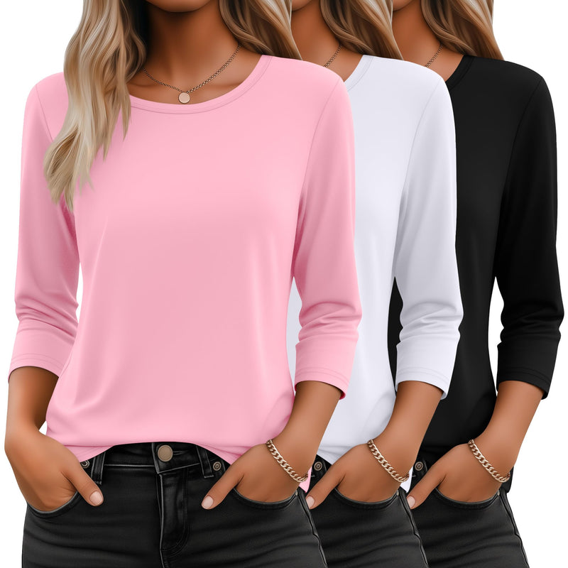 Ficerd 3 Pack 3/4 Sleeve Tops for Women Round Neck Dressy Basics Tees Casual Trendy Loose Fit T Shirts-62