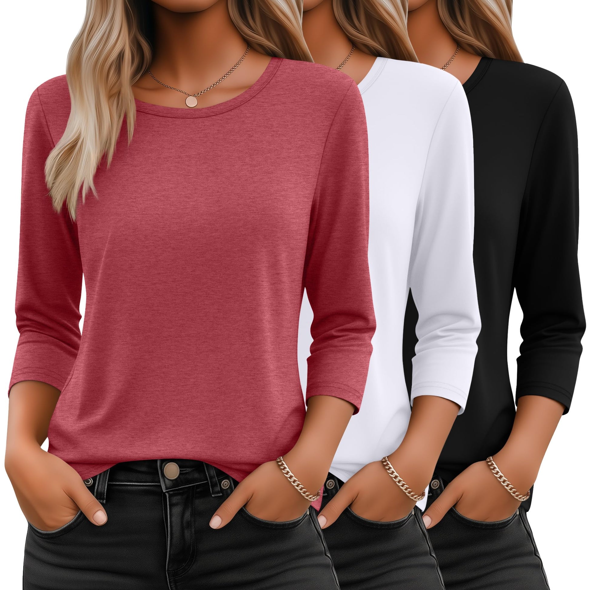 Ficerd 3 Pack 3/4 Sleeve Tops for Women Round Neck Dressy Basics Tees Casual Trendy Loose Fit T Shirts-60