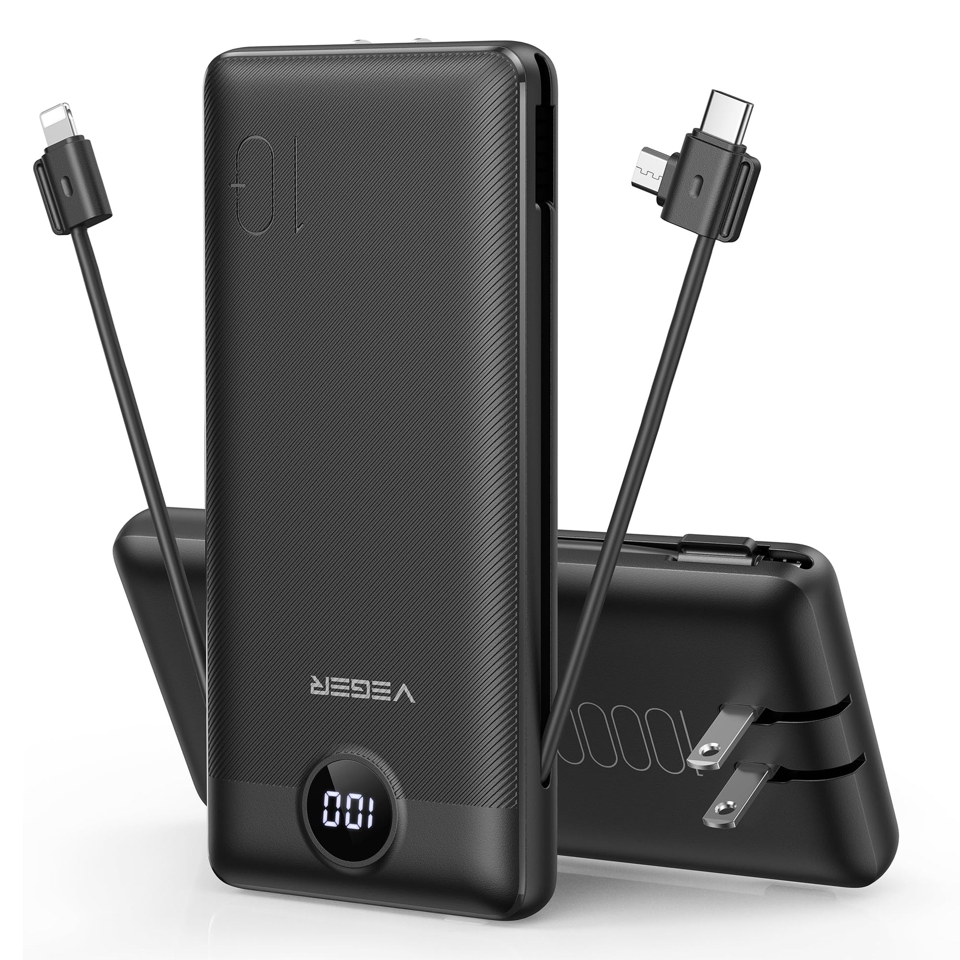 VEGER Portable Charger with Built-in AC Plug and Cables, All in One 10000mAh Ultra Slim Power Bank Travel Essentials, Fast Charging Battery Pack Compatible with iPhone, Samsung, Android (Purple)