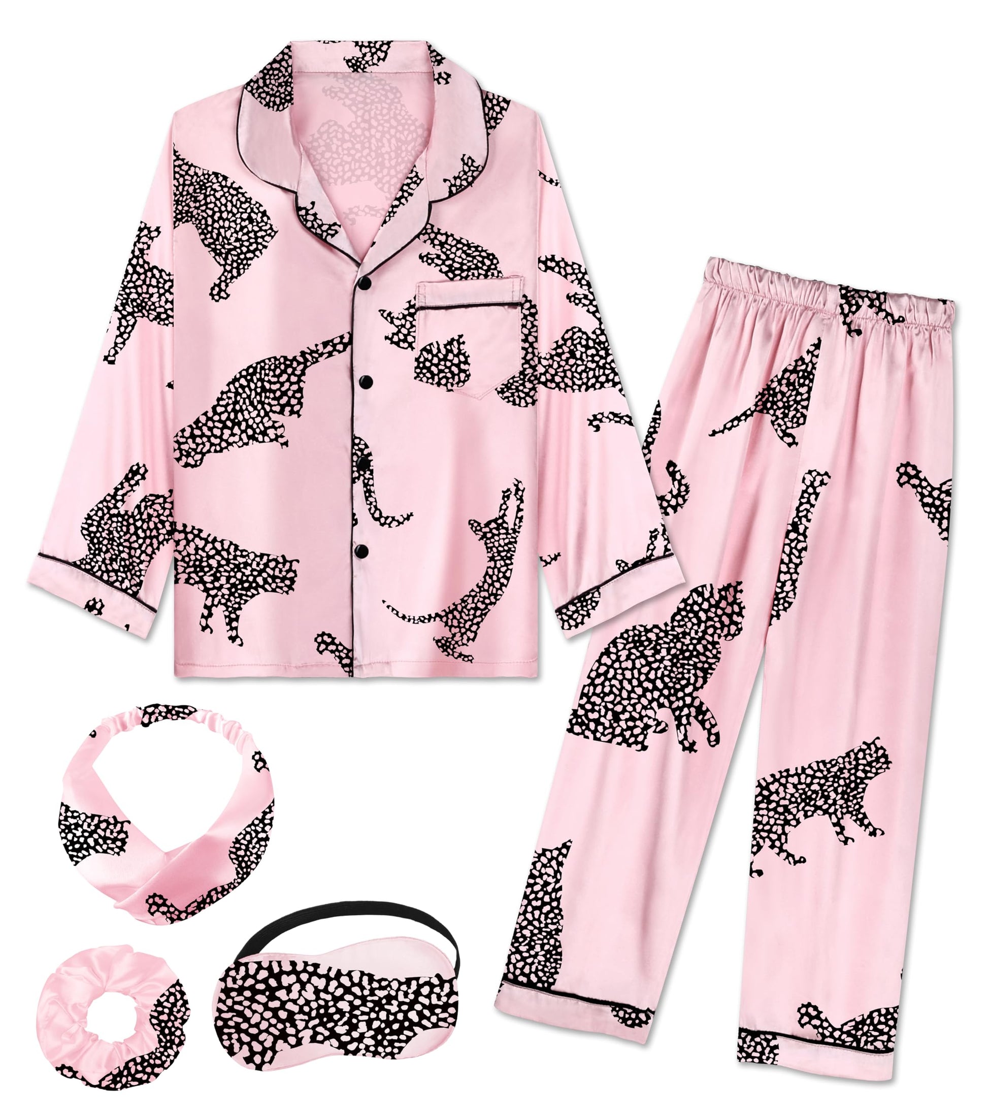 EPLAZA Kids Satin Pajamas Sets Girls Boys Button-Down Silky Pajamas Sleepwear with Hairband Eye Mask Hair Tie