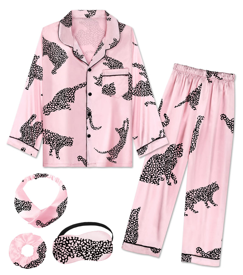 EPLAZA Kids Satin Pajamas Sets Girls Boys Button-Down Silky Pajamas Sleepwear with Hairband Eye Mask Hair Tie