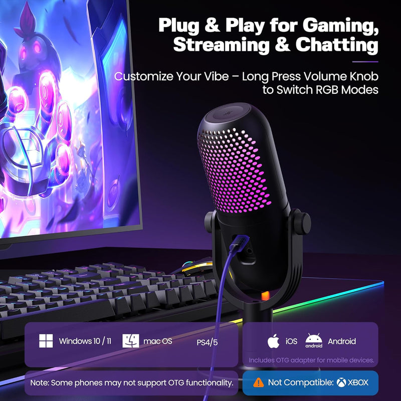 USB Microphone for PC Gaming: Condenser Microphone RGB for Gamer with Stand Mic - Recording Mic for Computer&Laptop with Qiuck Mute - Desk Podcast Mic for Podcast & Singing & Streaming & Youtube Black