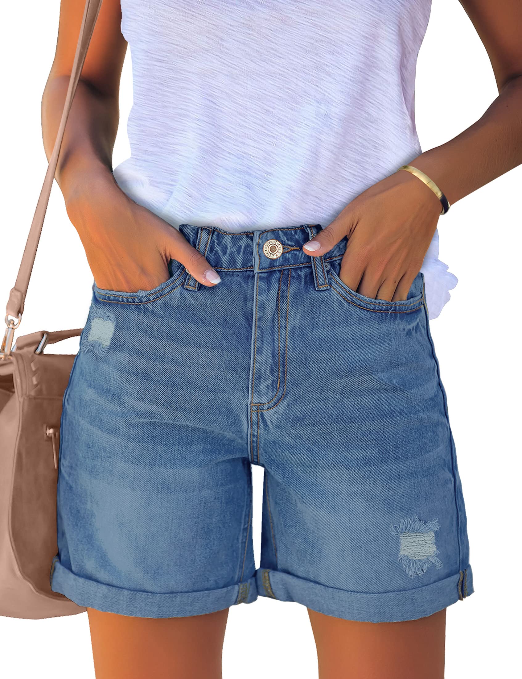 luvamia Women's Casual Ripped Denim Shorts High Rise Distressed Rolled Hem Jeans Shorts