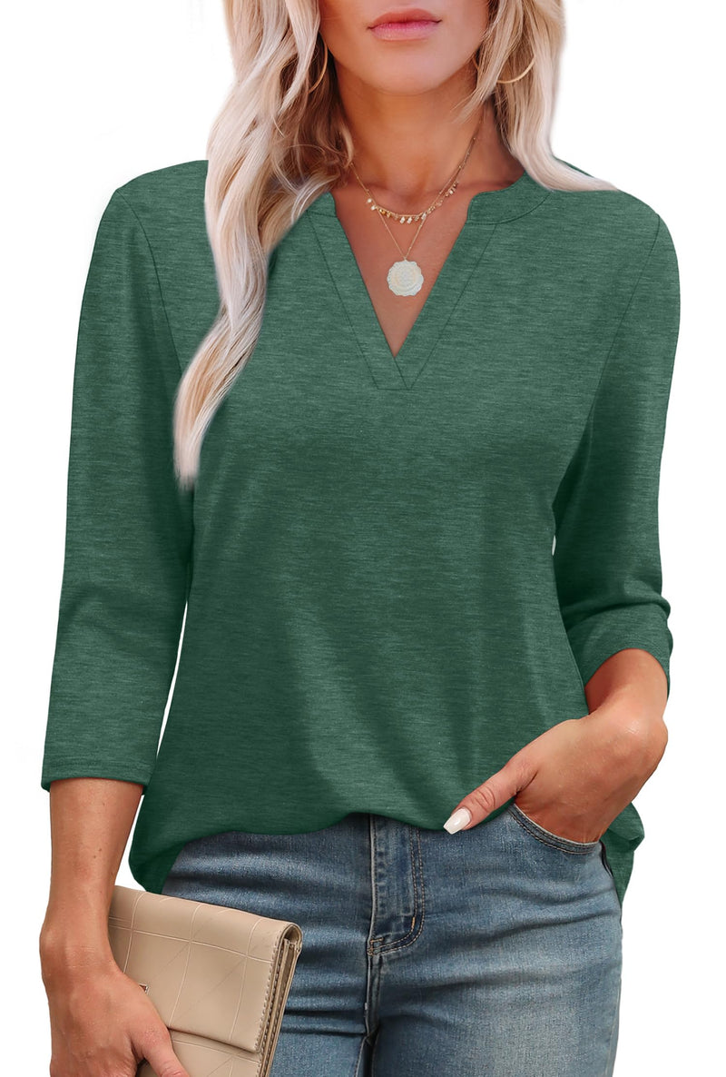 OFEEFAN 3/4 Length Sleeve Womens Tops V Neck Tunic Shirts Loose Curved Hem Blouses Dressy Casual S-3XL-94