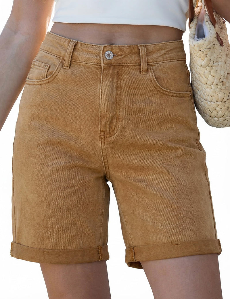 luvamia Jean Shorts for Women High Waisted Trendy Causal Summer Fold Hem Stretchy Long Denim Shorts 7 Inch Inseam
