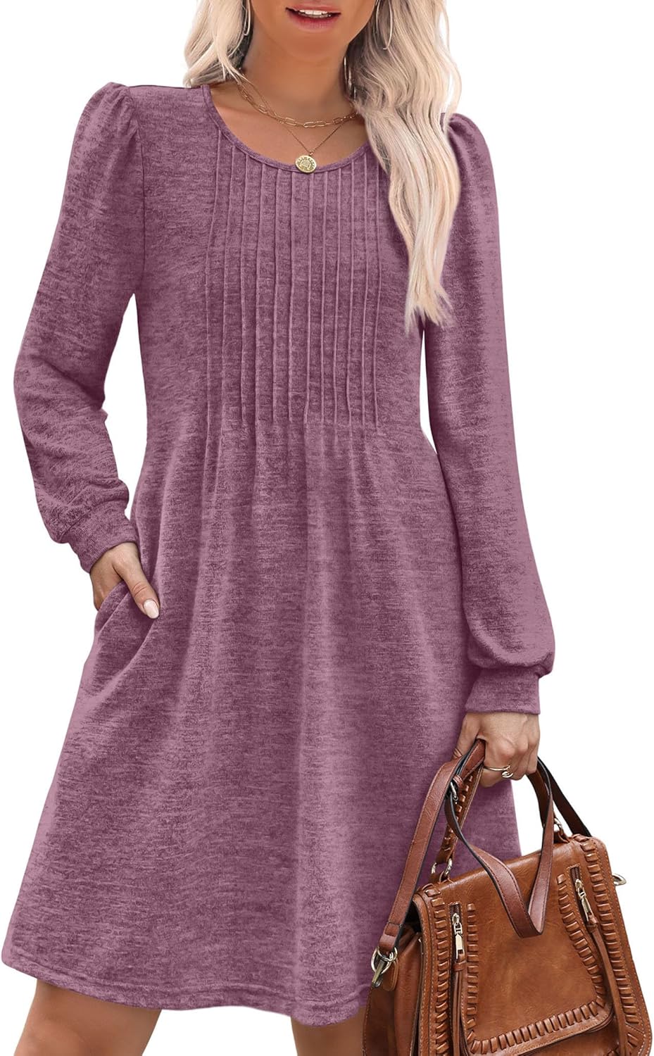 OFEEFAN Long Sleeve Dress for Women Pleated Crew Neck Casual Babydoll Sweater Dress with Pockets Fall Outfits Fashion-24