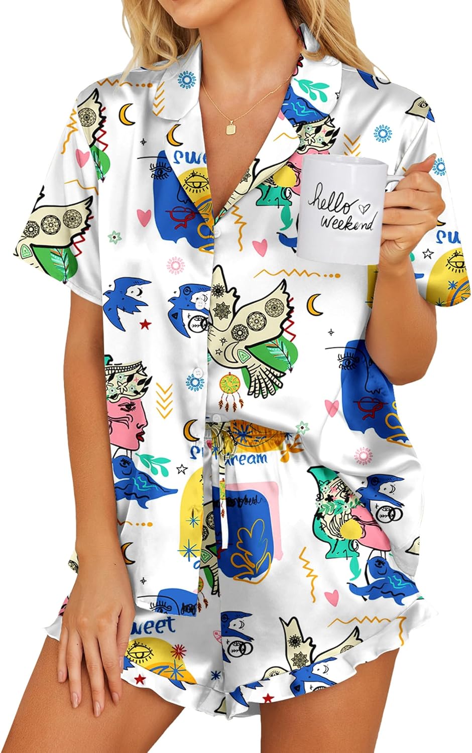 Ekouaer Womens Satin Pajamas Set Button Down 2 Piece Silk Pjs Shorts Set Ruffle Lingerie Notch Collar Sleepwear-98