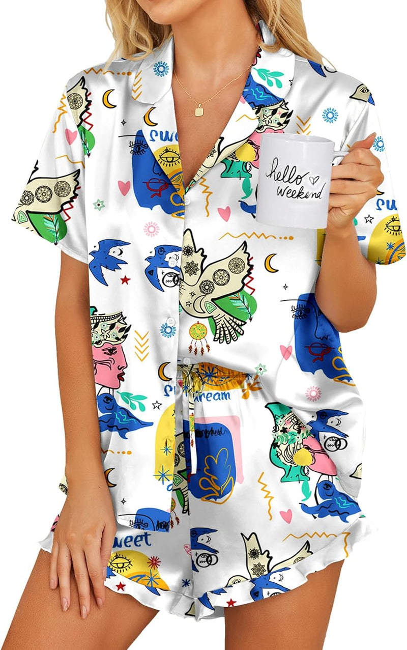 Ekouaer Womens Satin Pajamas Set Button Down 2 Piece Silk Pjs Shorts Set Ruffle Lingerie Notch Collar Sleepwear-98