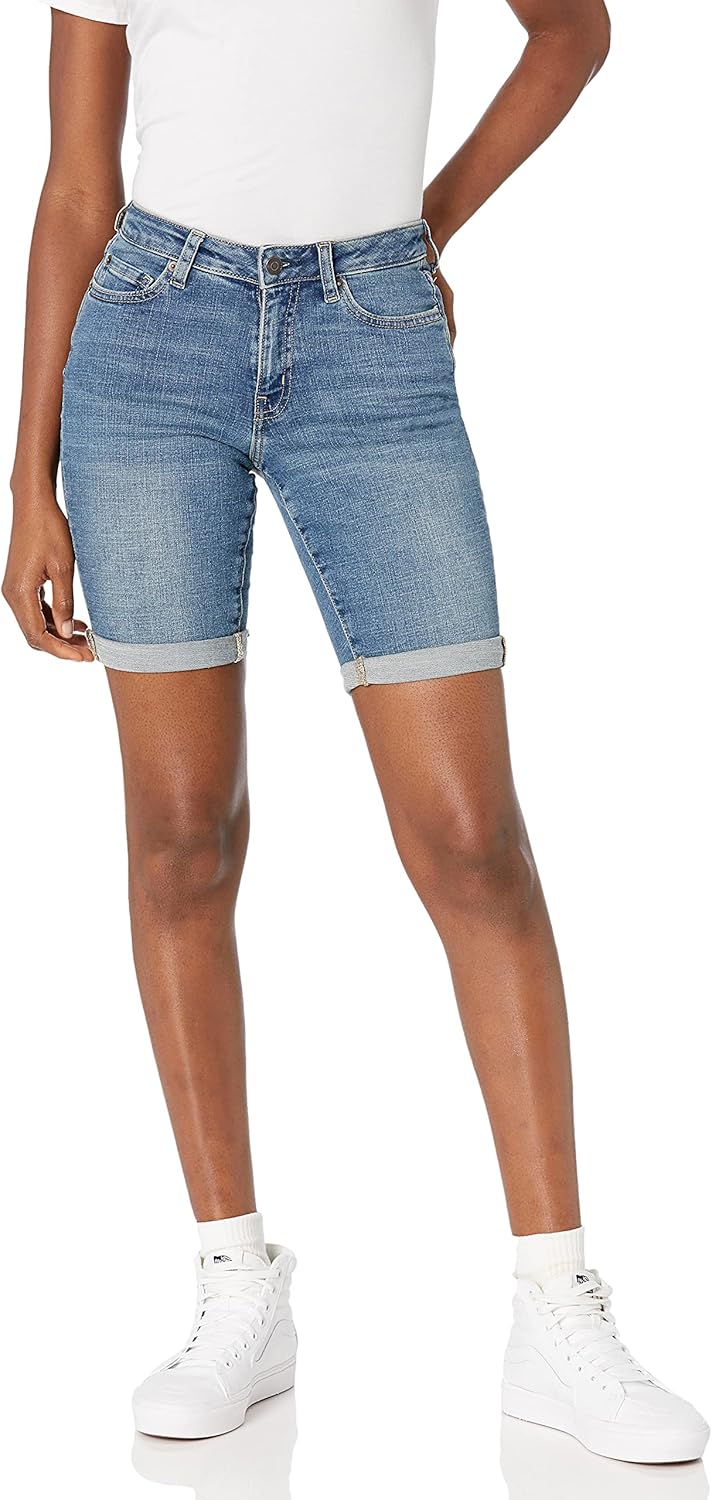 Amazon Essentials Women's Mid-Rise Stretchy Slim Fit Denim Bermuda Shorts with Pockets
