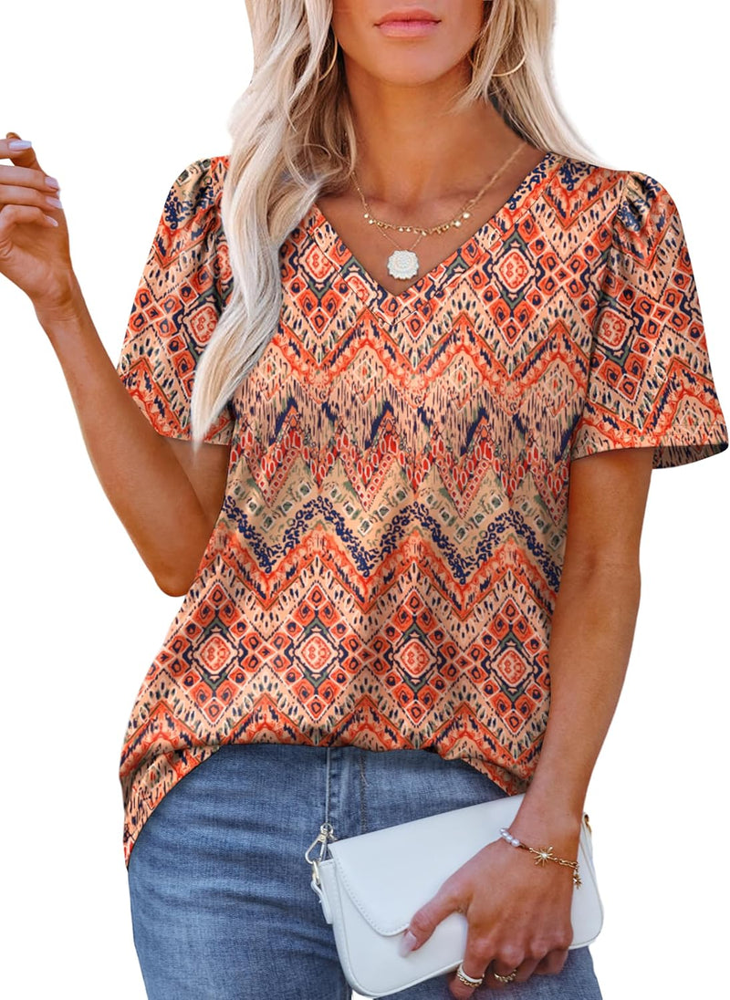 OFEEFAN T Shirts for Women V Neck Dressy Casual Blouses Puff Short Sleeve Summer Tops Loose Fit-76