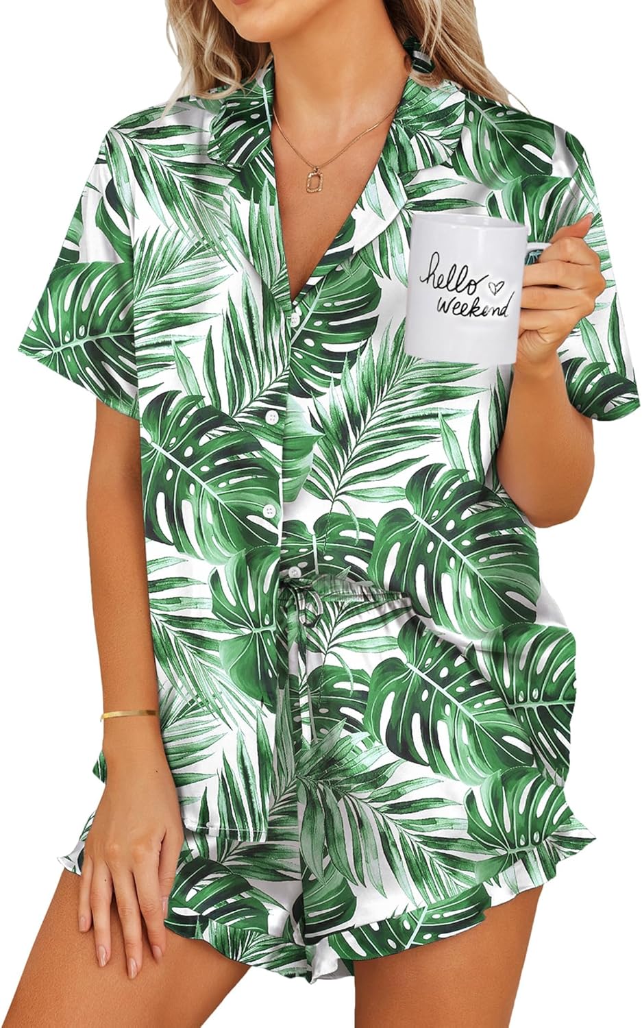 Ekouaer Womens Satin Pajamas Set Button Down 2 Piece Silk Pjs Shorts Set Ruffle Lingerie Notch Collar Sleepwear-12