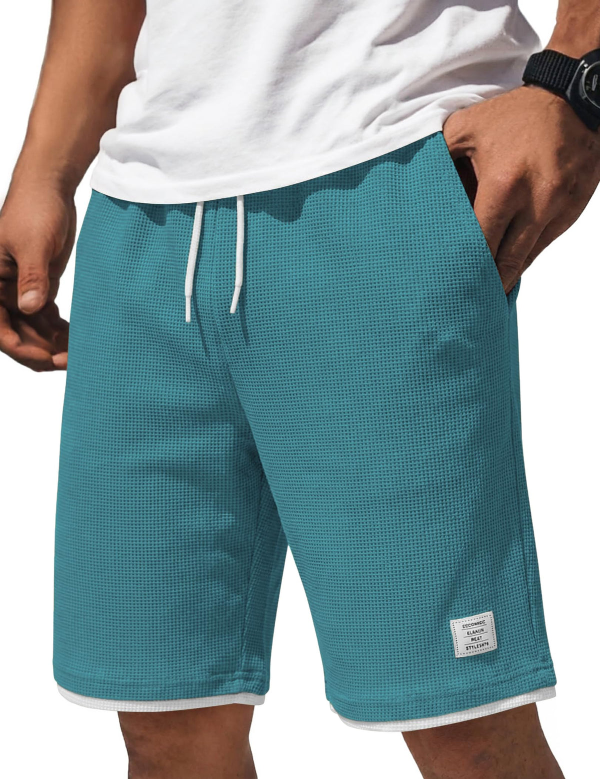 COOFANDY Mens Casual Shorts Cotton Drawstring 9 inch Waffle Shorts Stretch Elastic Waist Summer Beach Lounge Sweat Shorts