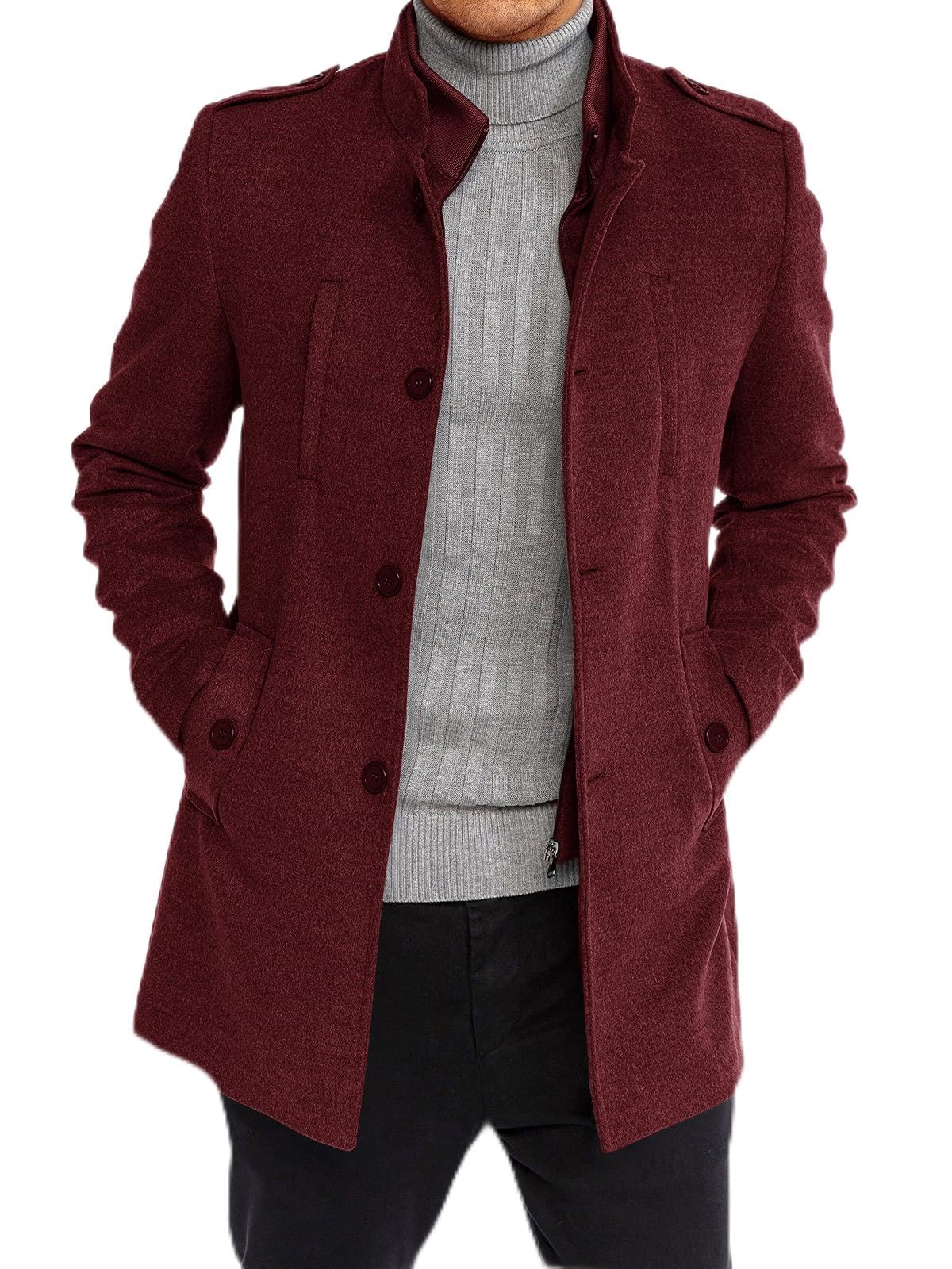 Karlywindow Mens Trench Coat Long Sleeve Stand Collar Single Breasted Pea Coat Casual Mid Long Slim Fit Overcoat with Pockets-11