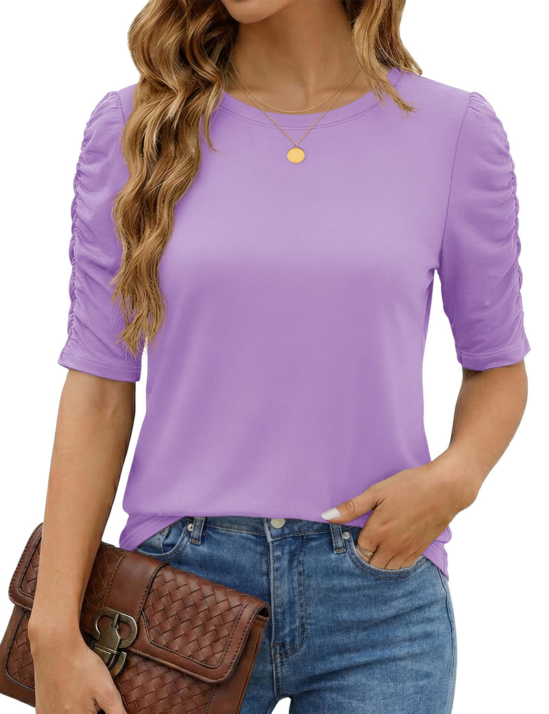 YUCOLEN Women's Crewneck T-Shirt Ruffle Half Sleeve Tops 2026 Casual Curved Hem Blouse Tee Shirts-12