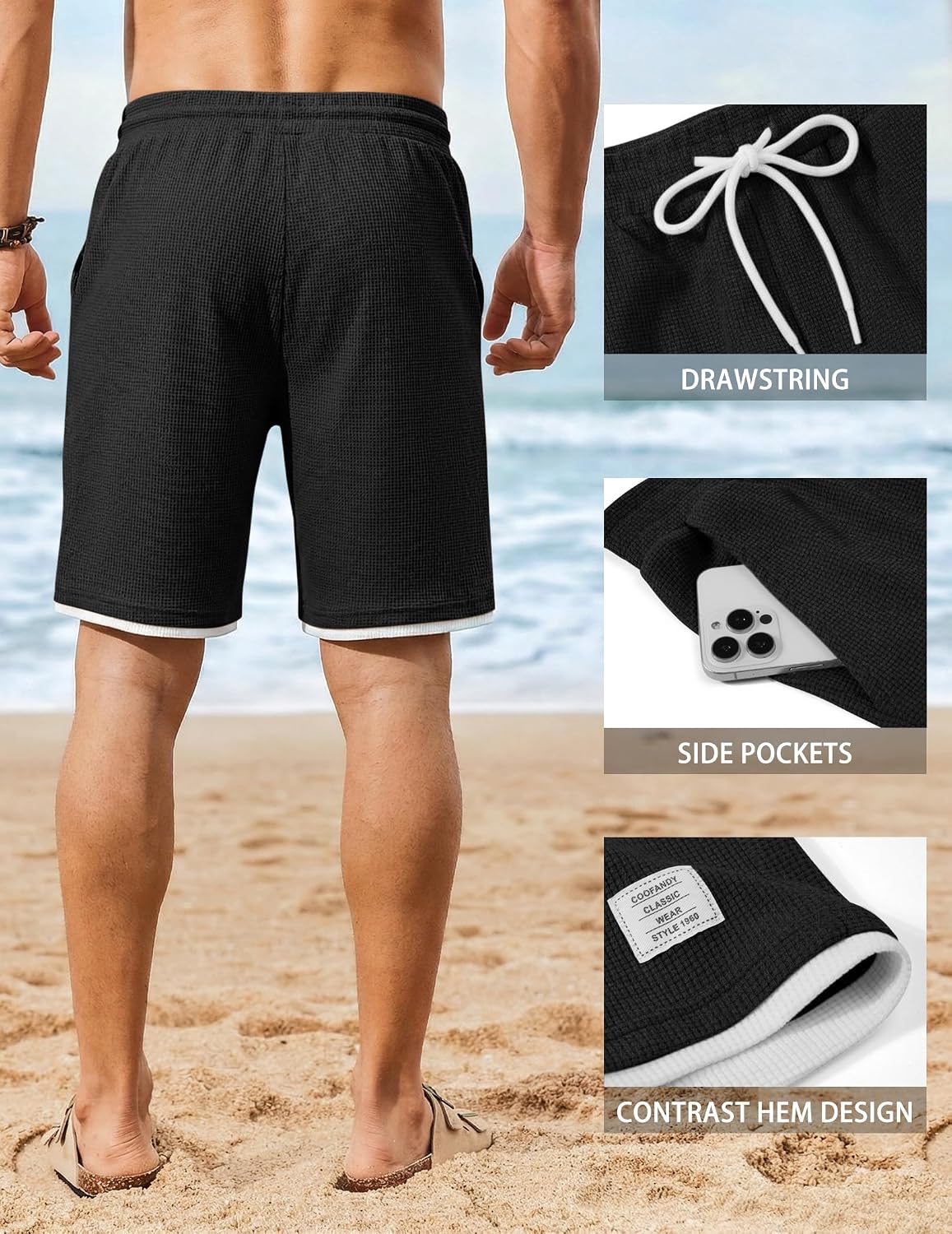 COOFANDY Mens Casual Shorts Cotton Drawstring 9 inch Waffle Shorts Stretch Elastic Waist Summer Beach Lounge Sweat Shorts