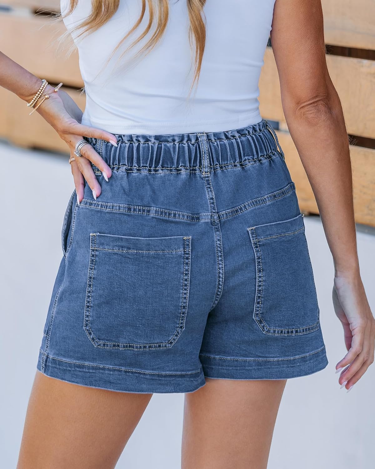 luvamia Jean Shorts for Women High Waisted Pull On Drawstring Elastic Waist Trendy Stretchy Denim Jorts Summer Shorts