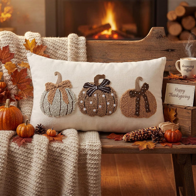Boao Fall Pumpkin Pillow Covers 12x20 Rustic Boho Brown Beige Lumbar Case