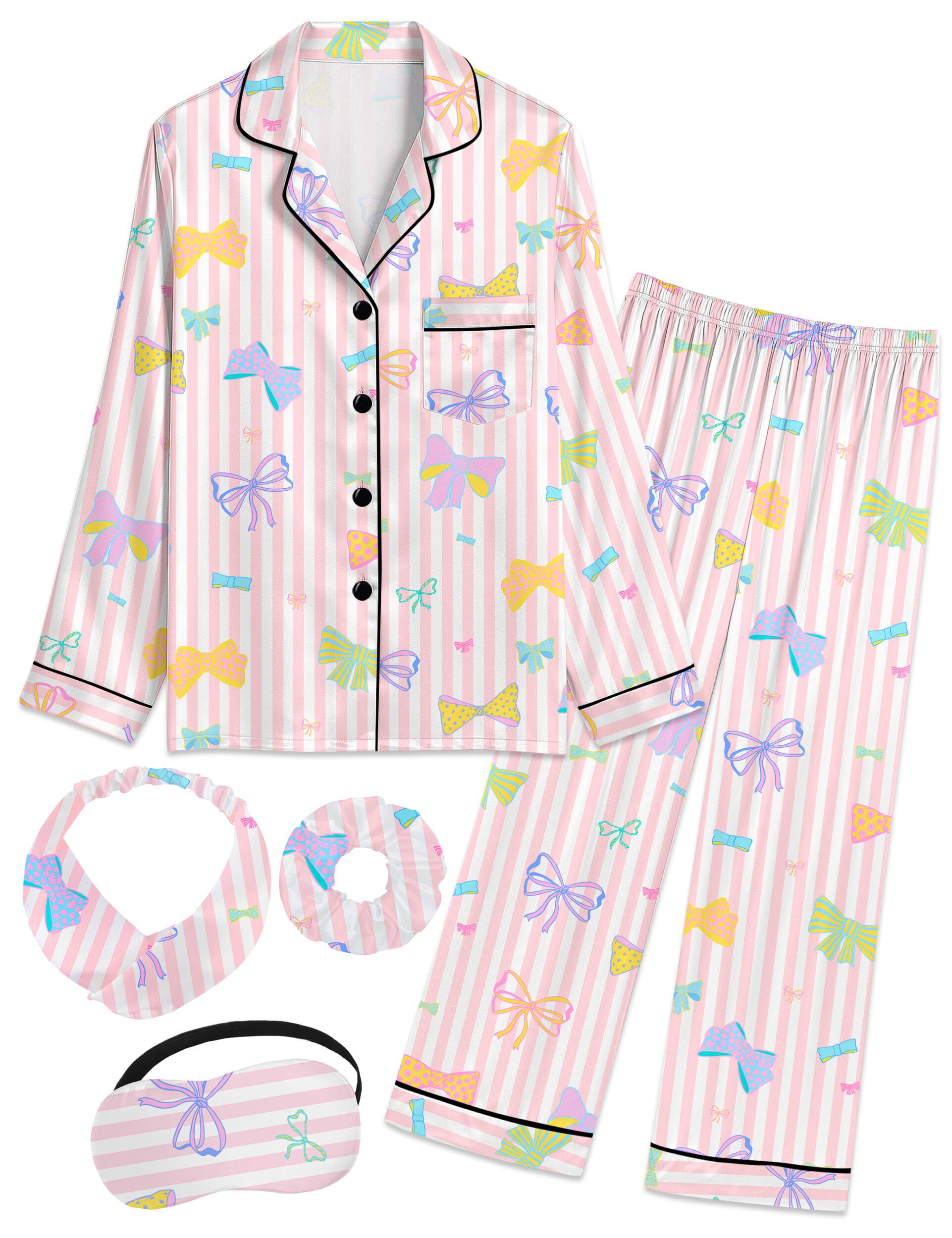 EPLAZA Kids Satin Pajamas Sets Girls Boys Button-Down Silky Pajamas Sleepwear with Hairband Eye Mask Hair Tie-74