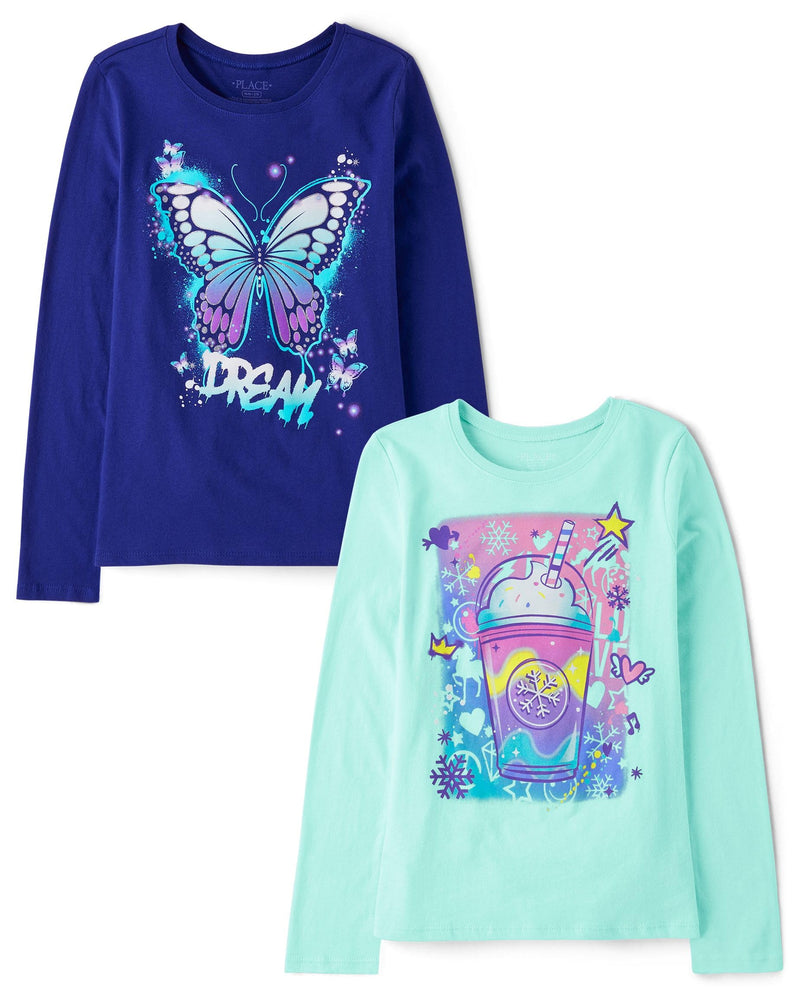 The Children's Place Girls Unicorns,Sports,Butterflies Long Sleeve Graphic T-Shirts,2 Pack