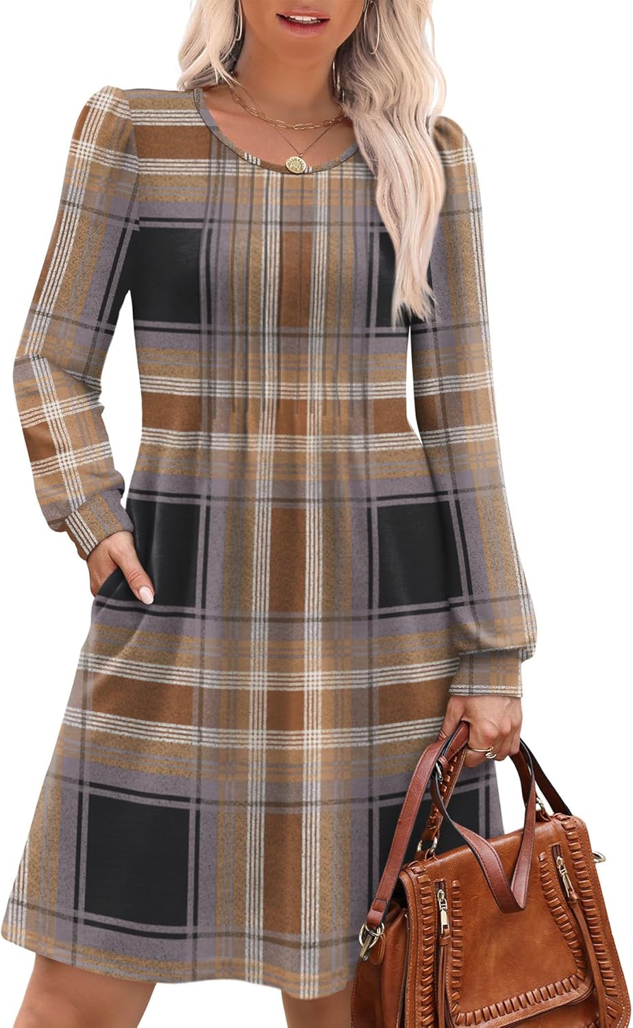 OFEEFAN Long Sleeve Dress for Women Pleated Crew Neck Casual Babydoll Sweater Dress with Pockets Fall Outfits Fashion-67